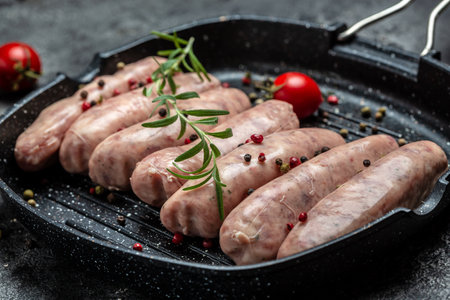 Close up Raw sausages with herbs and spices. The ketogenic diet. top view.の写真素材