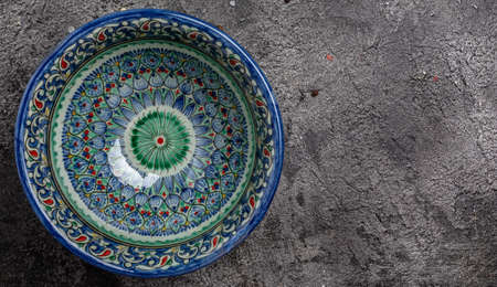 hand painted blue ceramic dish, traditional Uzbek utensils dishes, bowl, plates with national floral...