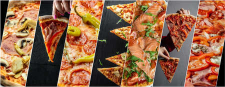 Food collage of pizza, Big set of pizzas top view. Hot pepperoni, mozzarella cheese and tomatoes pizza with basil.の写真素材