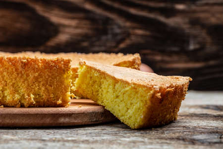 biscuit cake. Homemade classic sponge cake or biscuit. Bakery background concept. banner, menu recipe place for text.の写真素材