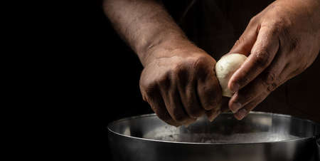 The processing Traditional Italian mozzarella, Cheesemaker, showing freshly made mozzarella, Long banner format.の写真素材