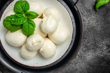 Cheese collection, white balls of soft Italian cheese mozzarella, served with fresh basil leaves on a dark background, place for text, top view,の写真素材