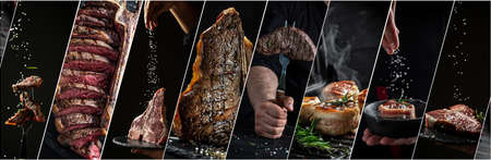 Variety of Dry Aged Barbecue Porterhouse Steak T-bone beef steak sliced. Tenderloin fillet mignon grilled. menu recipe Long banner format, top view.の写真素材