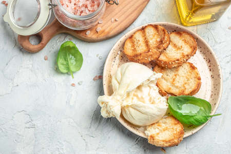 Italian burrata cheese, white balls of burrata or burratina cheese Basil and Olive Oil and Ciabatta. place for text, top view.の写真素材