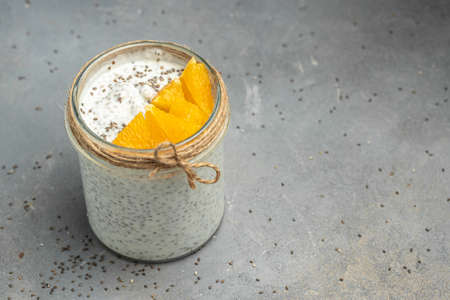 Healthy breakfast. Chia seed pudding. Yogurt with chia seeds healthy superfood. Cottage cheese...