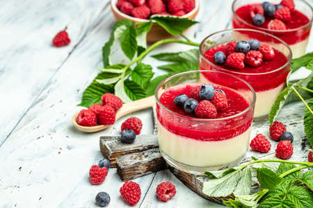 Berry dessert with cream sauce in small jars. Italian dessert. Raspberry Panna cotta with raspberry jelly on a light background. place for text, top view.の写真素材