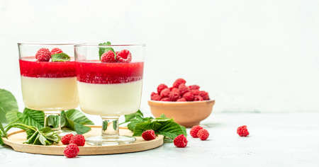 Raspberry sorbet with whipped cream and mint. Italian dessert on a light background in small jars. Long banner format. place for text.の写真素材