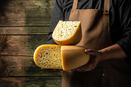 cheesemaker hold big slice of cheese maasdam in hand. Cheese with big holes. head of handcrafted...