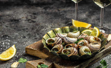Snails baked with sauce, Bourgogne Escargot Snails. Baked snails with butter and spice. gourmet food. recipe background. close up.の写真素材