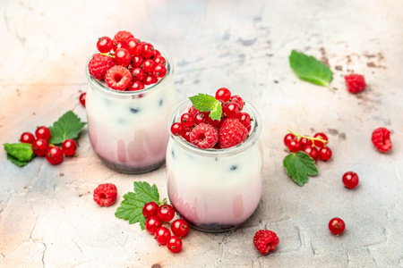 raspberry yogurt. Healthy breakfast Greek yogurt with raspberries and mint in a glass. Berry smoothies. healthy diet concept.の写真素材