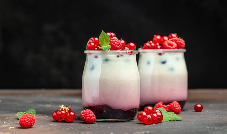 Raspberry dessert cheesecake, trifle, mouse in a glass. Raspberry Greek yogurt granola parfait on a dark background. Restaurant menu, dieting, cookbook recipe.の写真素材