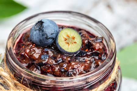 Close-up of blueberry jam. health and diet food.の写真素材