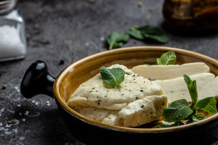 Traditional slices of cyprus halloumi cheese with mint. healthy eco food. Food recipe background. close up.の写真素材