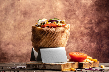 Kebab, pita, gyros, shaurma, wrap sandwich stuffed with sausages from minced meat with grilled meat, vegetables and sauce on dark background. banner, menu, recipe place for text.の写真素材