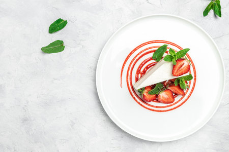 Strawberry Cheesecake with Strawberry Syrup. piece of cheesecake decorated with strawberry sauce on white background.の写真素材