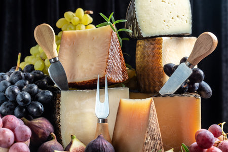 various types of cheese. with grapes and figs. composition with cheese knife. traditional pieces of Spanish, French, Italy cheese.の写真素材