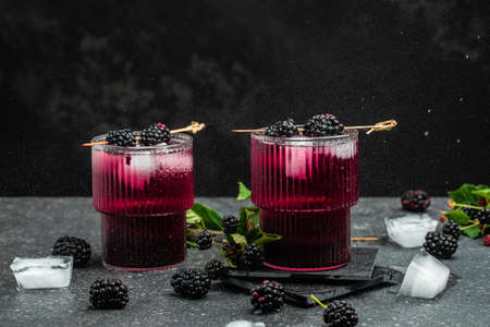 Refreshing lemonade with blackberry on a dark background. Long banner format.の写真素材
