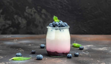 Homemade dessert Panna cotta with blueberry berries and jelly in jars on a dark background....