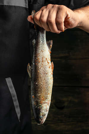 chef hands with Raw trout fish with spices on a dark background. vertical image. top view. place for...