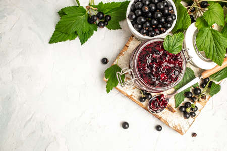 The black currant curd, custard or jam and fresh berries, Food recipe background. close up,