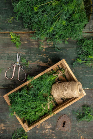 bunch fresh green dill from the garden on the old wooden table, dill in a bowl in rustic style, vertical image. top view. place for text,の写真素材