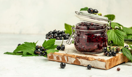 Delicious black currant jam urd, custard or jam and fresh berries, Long banner format, top view.の写真素材