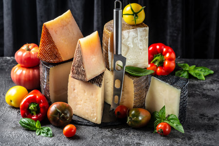 different kinds of delicious cheese, spanish manchego cheese, Assortment of cheeses with tomatoes and basil,の写真素材