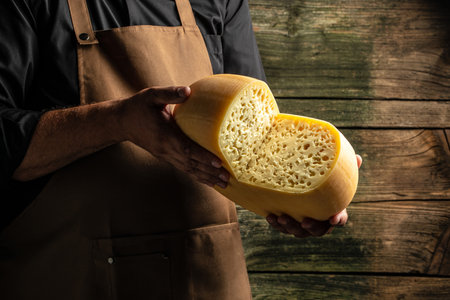 cheesemaker hold big slice of cheese maasdam in hand. Cheese with big holes. head of handcrafted hard cheese. Long banner format. top view.の写真素材