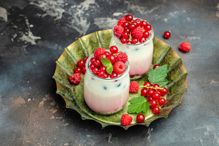 raspberry yogurt. Healthy breakfast Greek yogurt with raspberries and mint in a glass. Berry smoothies. healthy diet concept.の写真素材