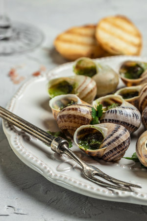 Snails baked with sauce, Bourgogne Escargot Snails. Baked snails with butter and spice. gourmet food. vertical image. top view. place for text.の写真素材