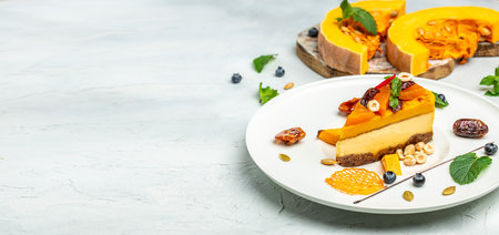 pumpkin cheesecake, slices of pumpkin cheesecake with nuts on a light background. Long banner format. top view.の写真素材