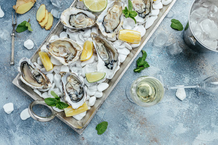 Opened oysters, ice on metal tray with lemon and ice. Restaurant menu, dieting, cookbook recipe,の写真素材