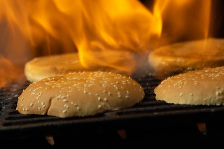 grilled bun burger, Food recipe background. close up. place for text,の写真素材