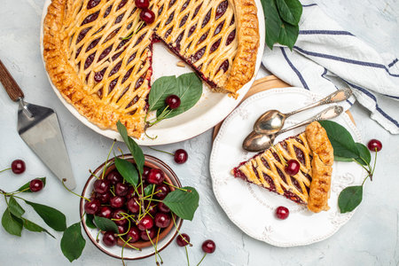 One piece on a plate and the whole homemade cherry pie on a light background. banner, menu, recipe place for text, top view.の写真素材