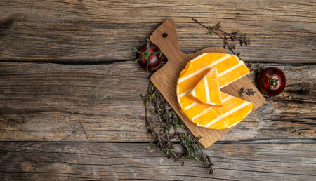 cream Round brie or camembert cheese on a wooden board. Rougette cheese on a wooden background, banner, menu, recipe place for text, top view,の写真素材
