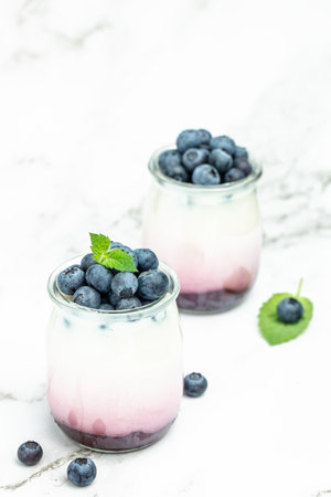 dessert blueberries and jelly in jars on a light background. Delicious balanced food concept. place for text, top view.の写真素材