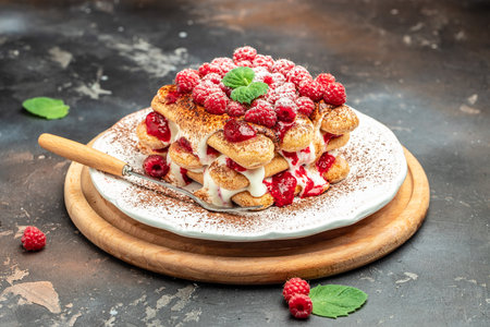 berry tiramisu with biscuit with coffee cream and fresh berries. Tiramisu with raspberry on a dark background,の写真素材