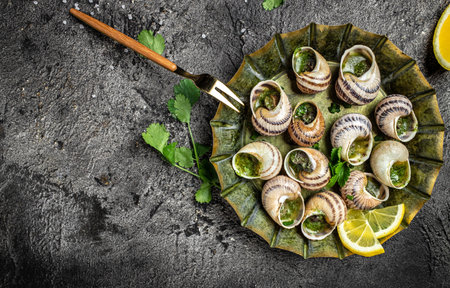 Delicious cooked sea escargo snails with herbs, butter, garlic on metal plate with forks. wine glass. gourmet food. Restaurant menu, Traditional French cuisine,の写真素材