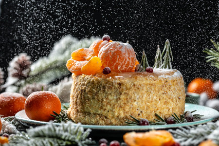 homemade christmas tangerines cake with white cream.の写真素材