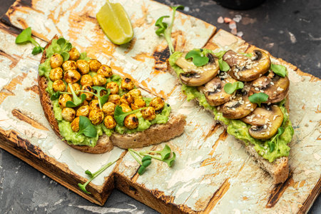 vegetarian sandwiches with avocado guacamole, chickpeas, spices and microgreensの写真素材