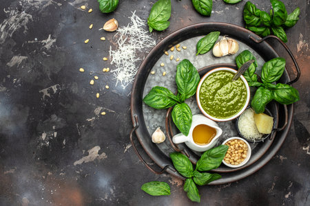 Traditional Italian pesto Basil, olive oil, parmesan, garlic, pine nuts. banner, menu recipe place for text, top view.の写真素材
