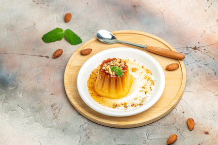 panna cota with caramel. Creme Caramel Dessert on a light background. banner, menu, recipe place for text, top view.の写真素材