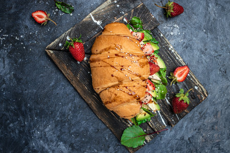 Croissant sandwich with avocado, strawberries, brie camembert cheese, fresh salad sprinkled with sesame and cumin, Delicious breakfast or snack, Keto diet vegan food.の写真素材