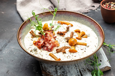 Forest Mushroom Soup. homemade cream of mushroom. banner, menu, recipe place for text, top view.の写真素材