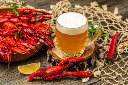 Boiled crayfish with beer on a wooden background. Lobsterの写真素材