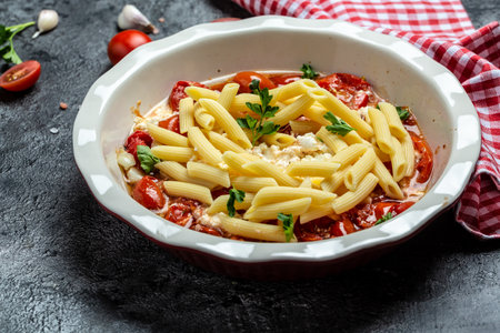 baked feta pasta with cherry tomatoes herbs and garlic, Trending Fetapasta. banner, menu recipe place for text, top view.の写真素材