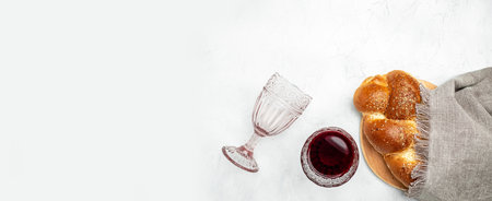 Challah bread, shabbat wine, Traditional Jewish Shabbat ritual. Shabbat or Shabath concept. Long banner format. top view,の写真素材