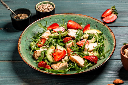 Chicken salad with arugula avocado and strawberries. Plate with a keto diet food. top view.の写真素材
