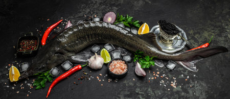 sturgeon fish on a dark background, Long banner format. top view,