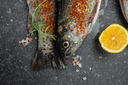 seafood. Two raw rainbow trouts marinated with lime, pepper, spices on a dark background. banner, menu, recipe place for text, top view.の写真素材